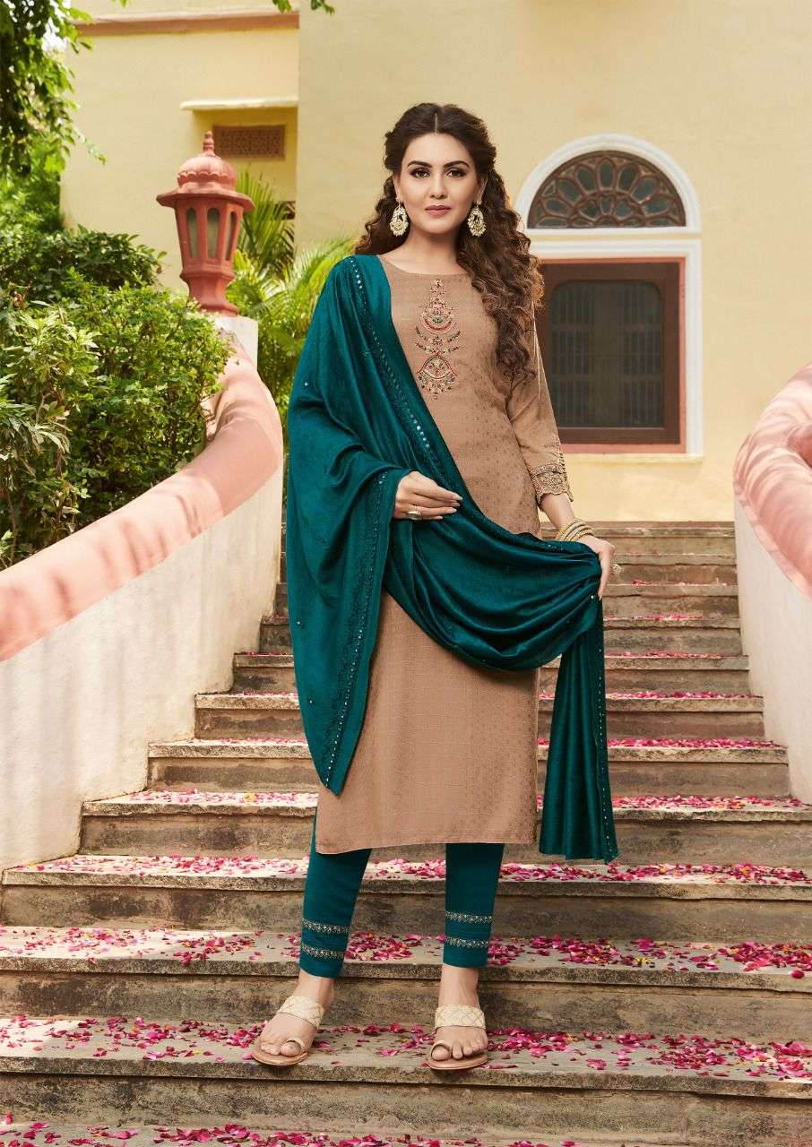 Keeloo-Bitu-2-Rayon-Chex -Dobby-Embroidery Work Kurti-With-Pant-and-Chanderi -Mirror-work-Dupatta-1011